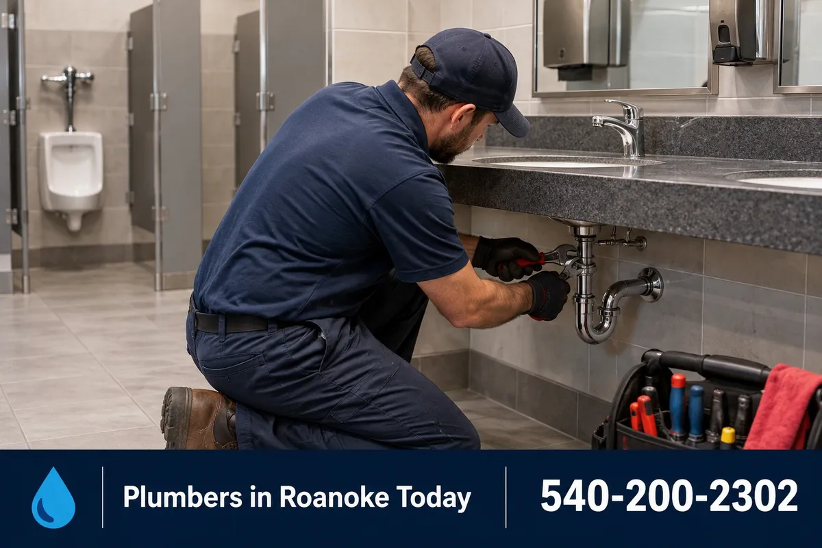 Plumber servicing fixtures in a commercial restroom