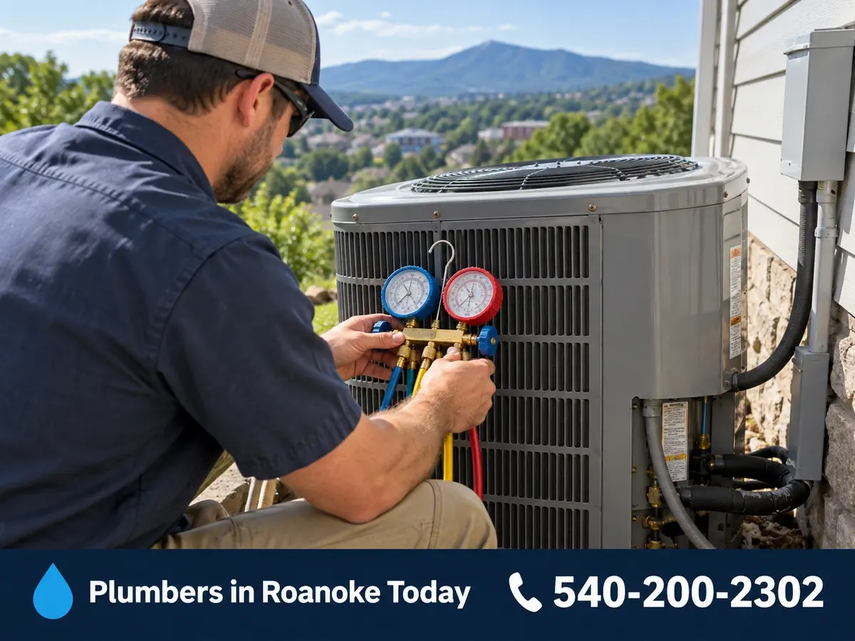Technician checking refrigerant gauges on an AC condenser