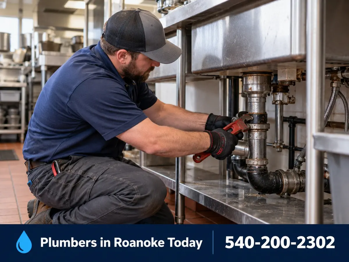 Plumber working on pipes in a commercial kitchen