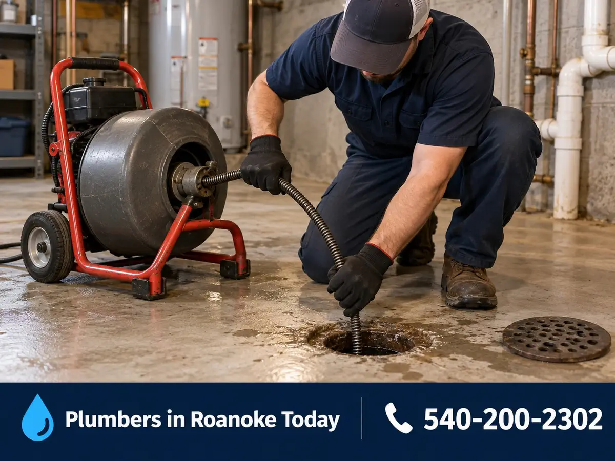 Plumber feeding a drain cleaning cable into a floor drain