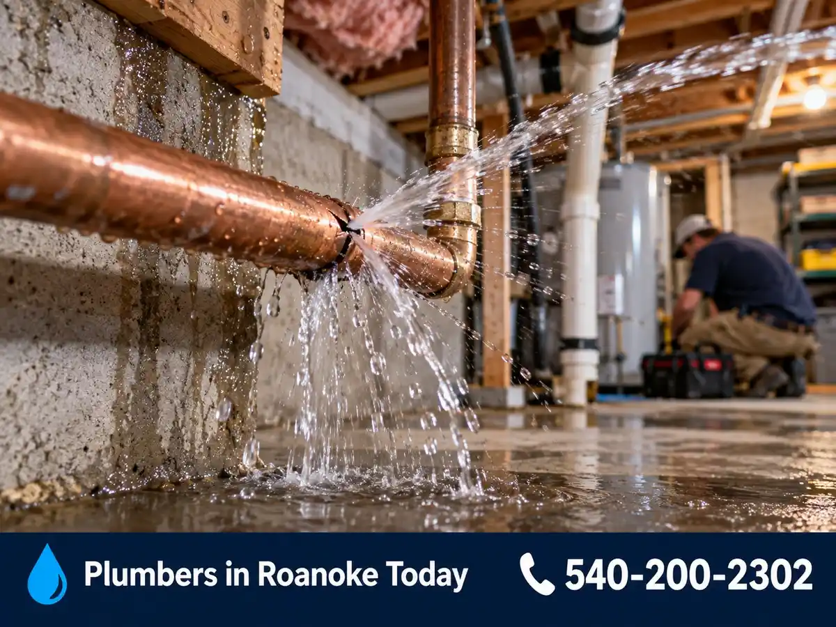 Water spraying from a burst pipe in a basement