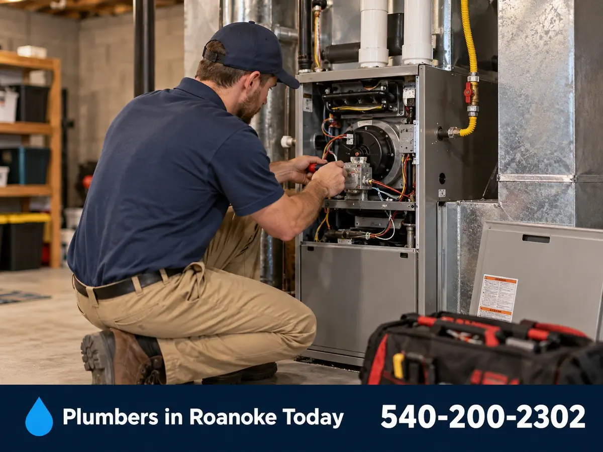 Technician servicing a gas furnace