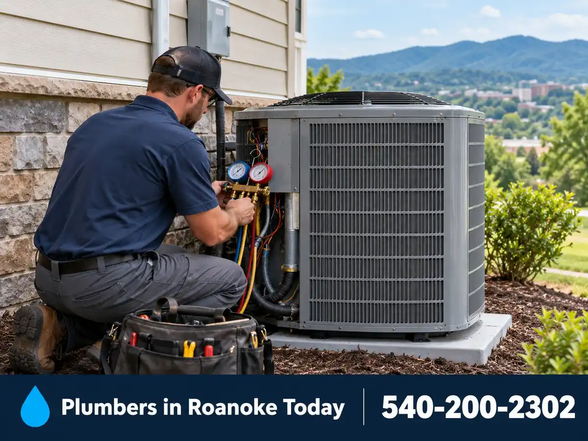 HVAC technician servicing an outdoor air conditioning unit