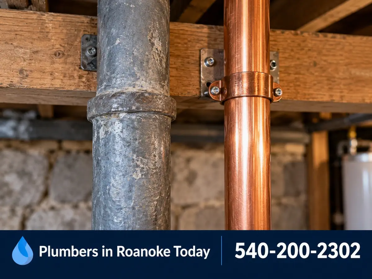 Old dull-gray lead water pipe next to a new copper pipe