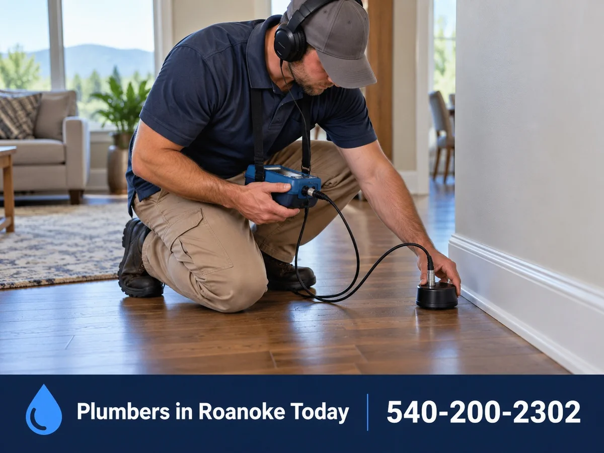 Technician using an acoustic leak detector on a floor