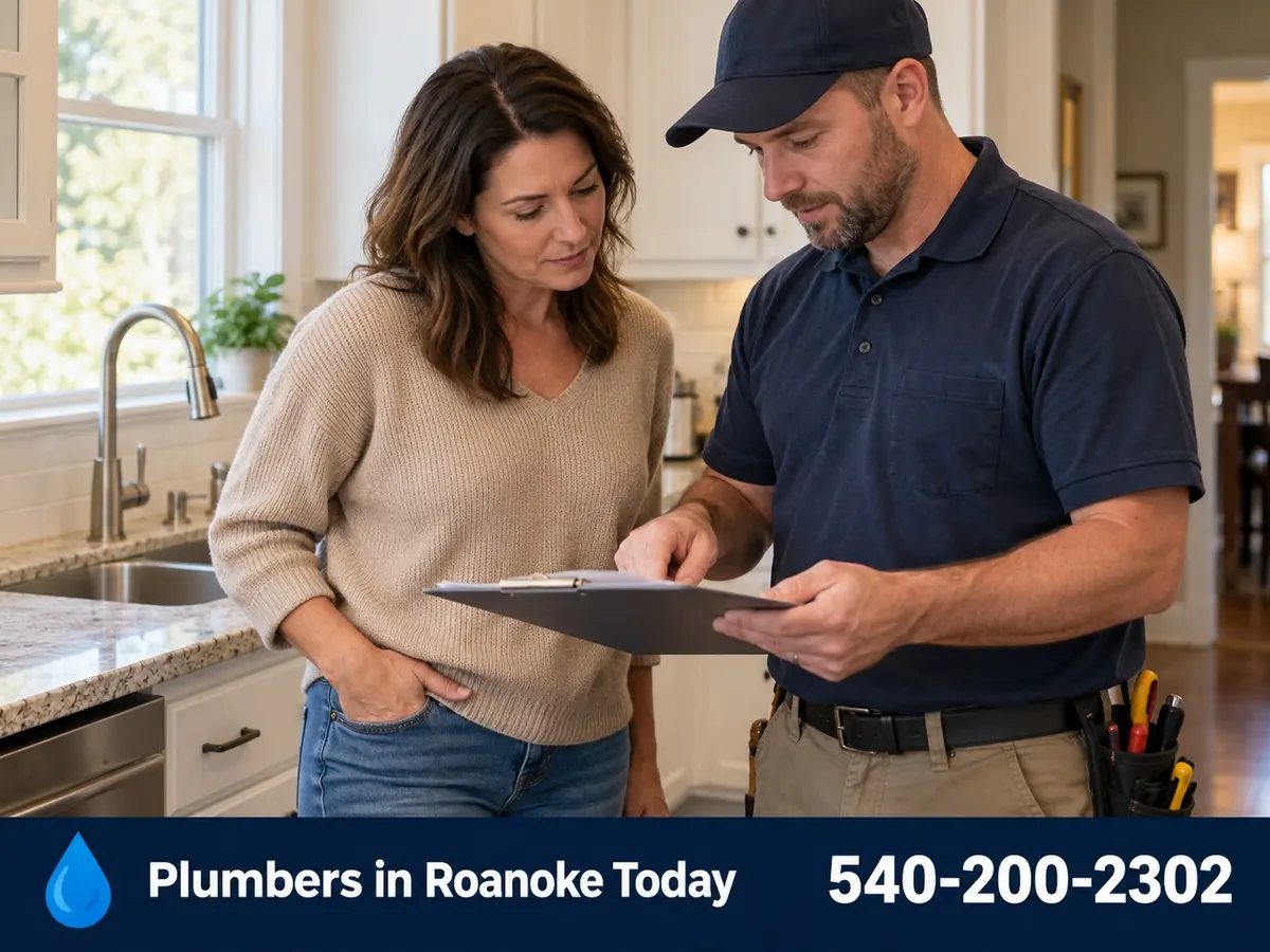 Homeowner reviewing a written plumbing quote with a plumber