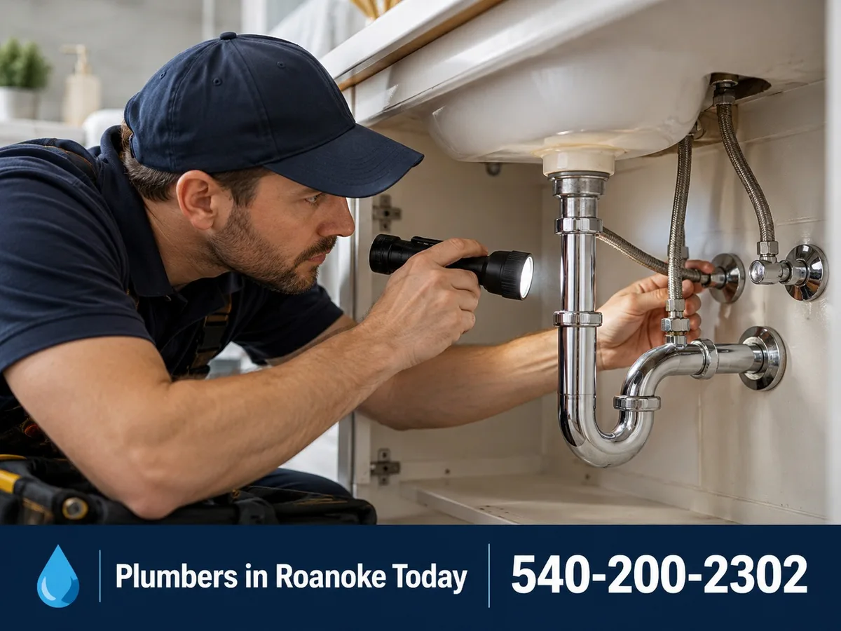 Plumber inspecting pipes under a bathroom sink