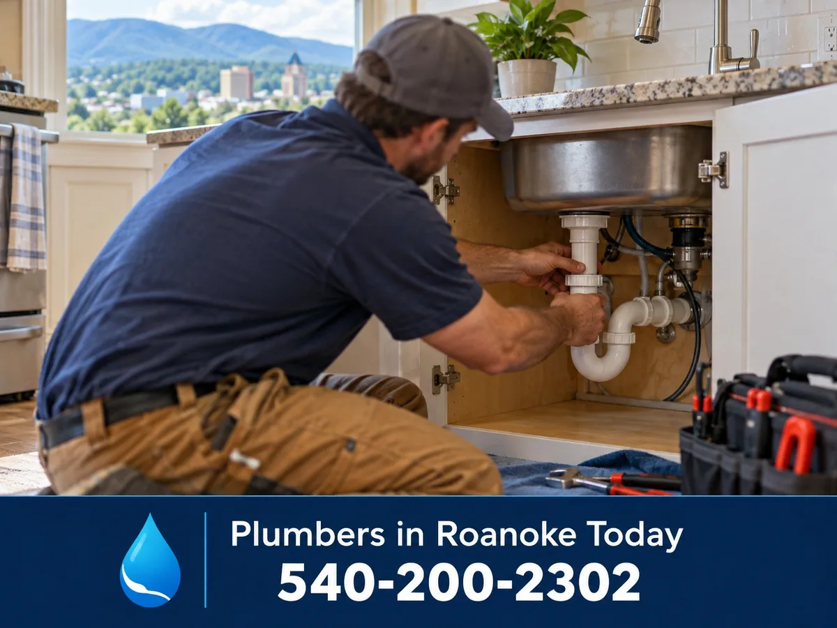 Plumber repairing pipes under a kitchen sink in a Roanoke home