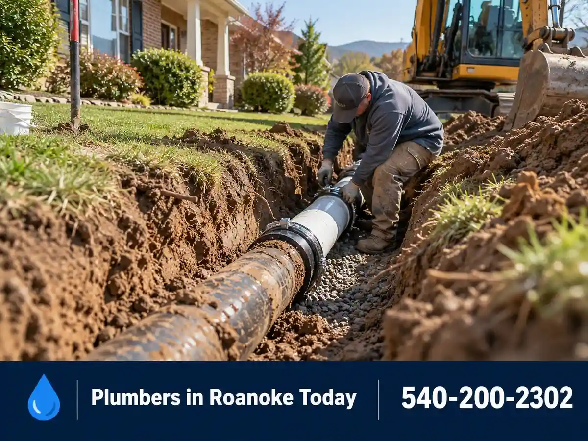 Excavated sewer line being repaired in a residential yard