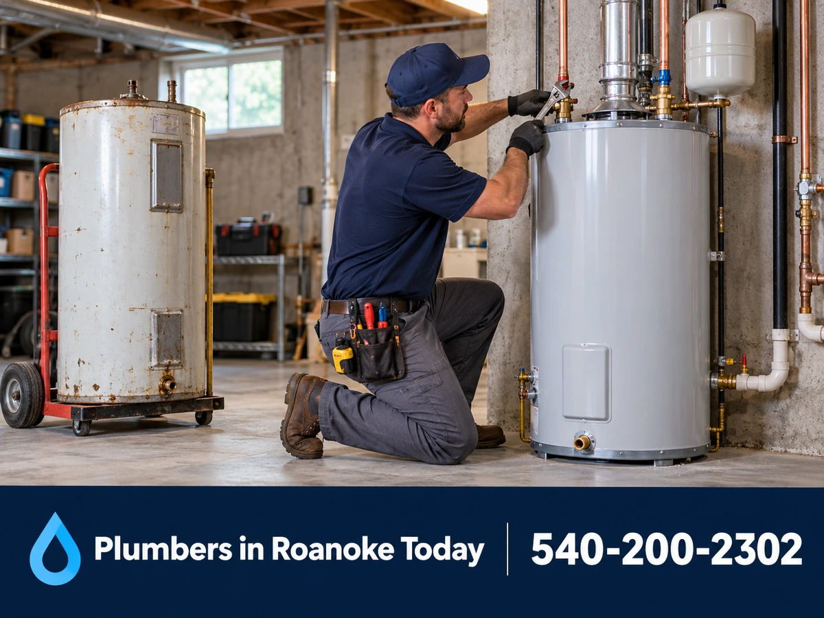 Plumber installing a new tank water heater in a basement