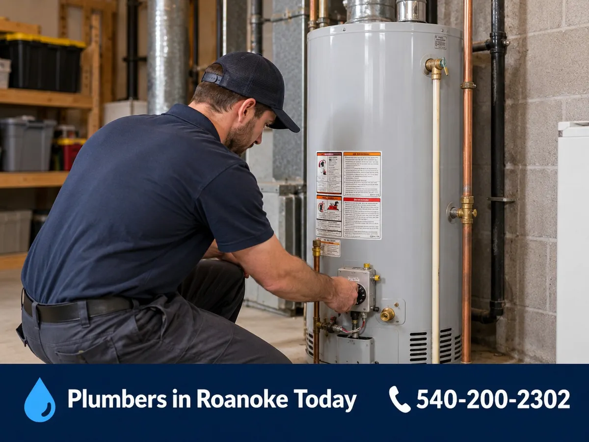 Plumber checking a tank water heater in a utility room