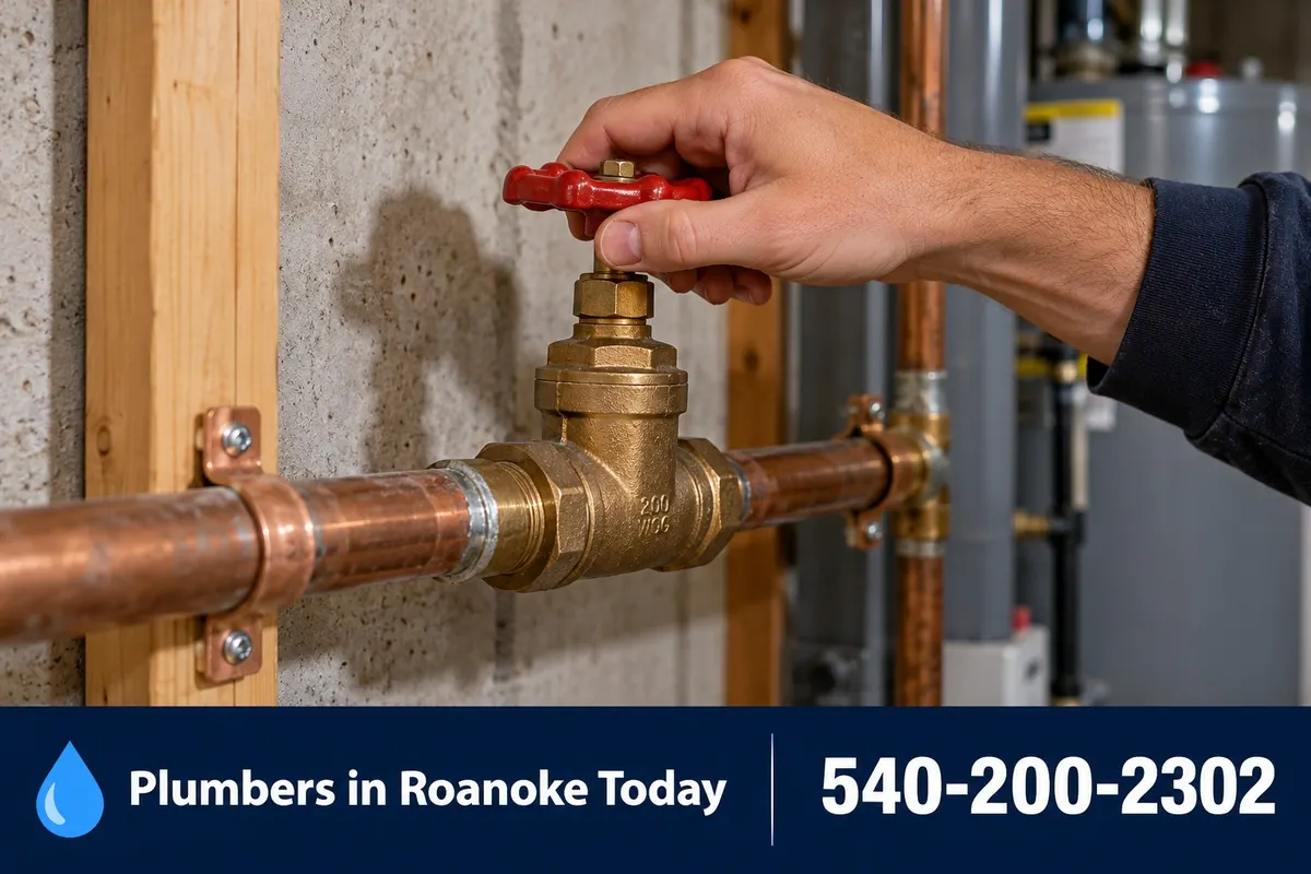 Hand turning a main water shutoff valve on a basement water line