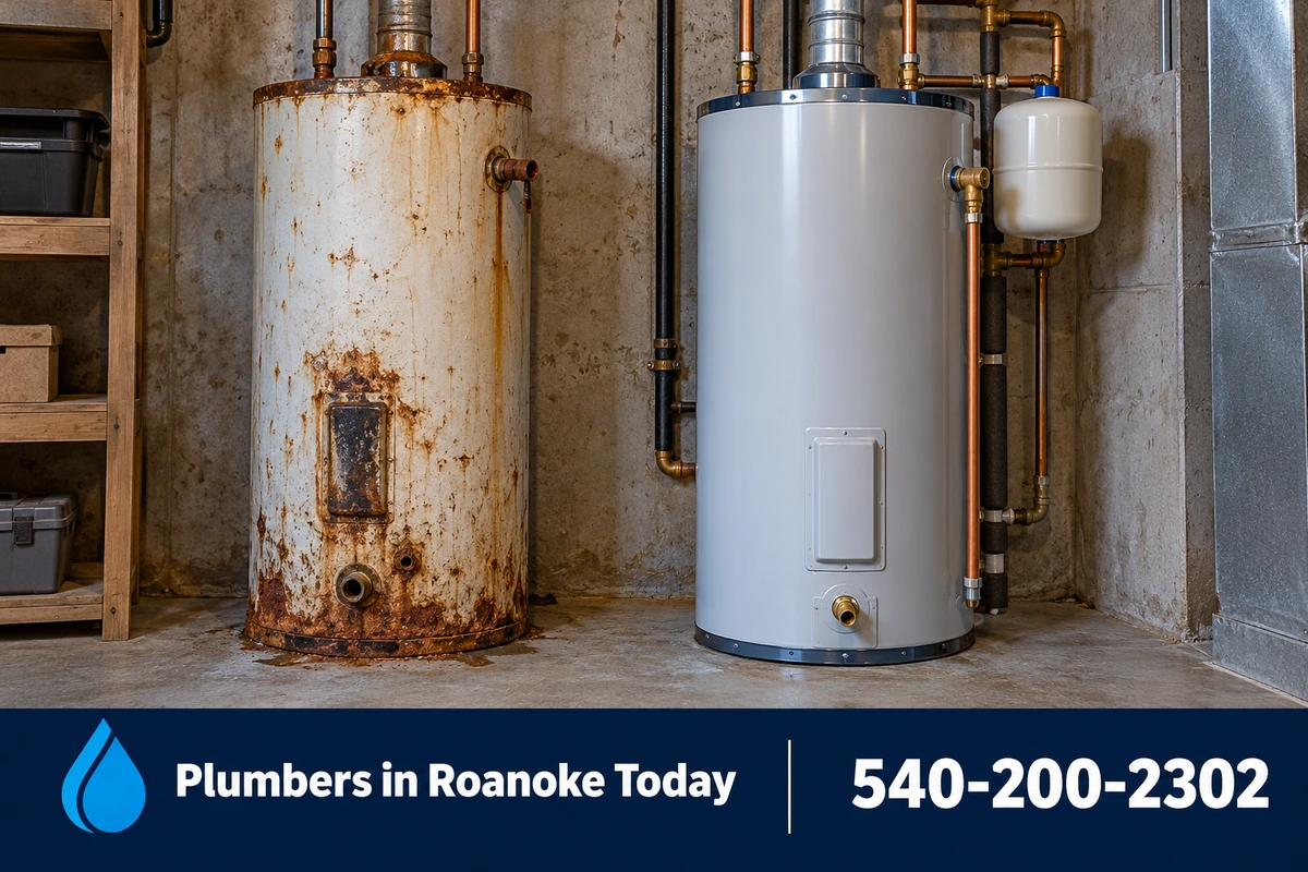Rusted old water heater next to a newly installed replacement