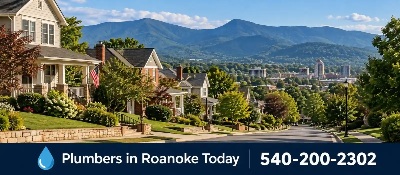 Houses in a Roanoke, Virginia neighborhood with the Blue Ridge Mountains behind