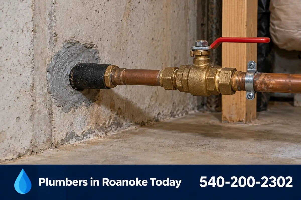 Water service pipe entering a basement wall next to the main shutoff valve