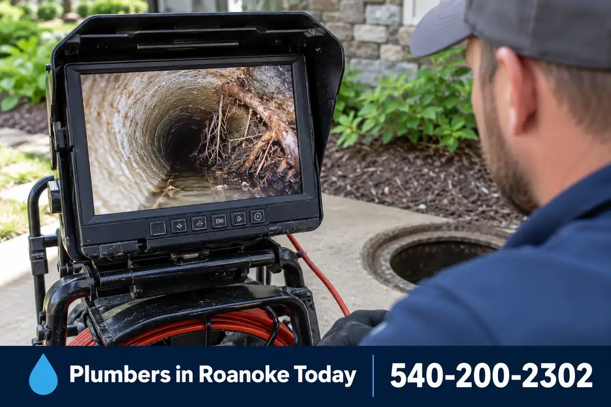 Monitor showing a sewer camera view of tree roots inside a pipe