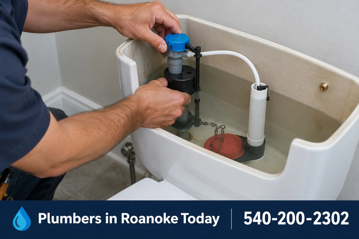 Plumber adjusting the fill valve inside a toilet tank