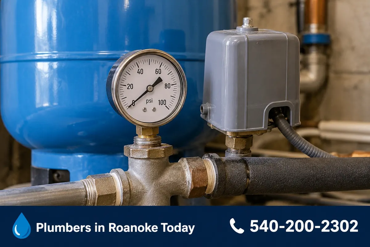 Close-up of a well pressure gauge and pressure switch
